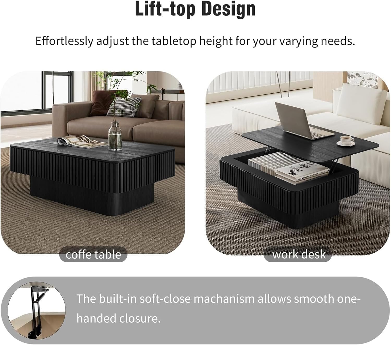 LKTART Lift Top Coffee Table for Living Room, Mid Century Modern Coffee Table with Hidden Storage, Solid Wood Veneered Rectangle Center Tea Table for Small Space Apartment (38.6''L×14''H-Black)