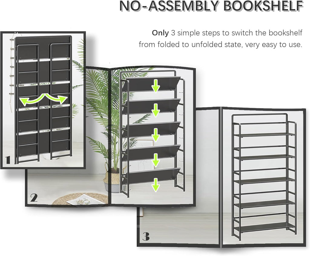 4NM No Assembly Extra Wide 5 Tiers Folding Bookshelf Storage Shelves Vintage Bookcase Standing Racks Study Organizer Home Office (All Black)