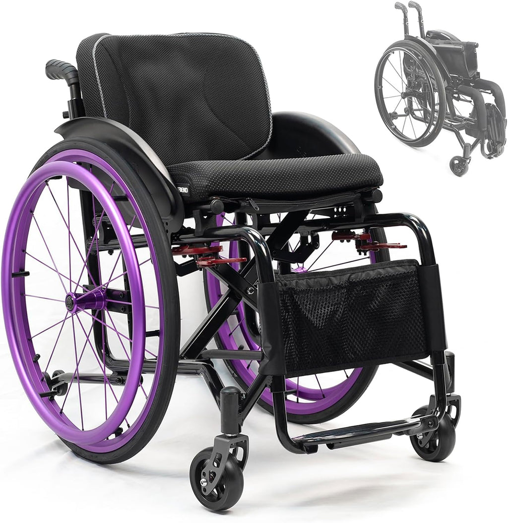 Wheelchair,Lightweight Sports Wheelchair,Foldable Wheelchair for Adult,Ergonomic Self-propelled Manual Wheelchairs,with 24-inch Wheels and Comfortable Cushions(Purple,Seat Width 36cm)