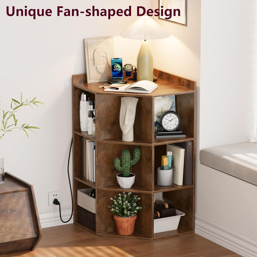 ALISENED 9 Cubes Brown Corner Cabinet, Corners Cube Shelf with USB Ports and Outlets, Toy Corners Storage for Small Space, Wooden Cubby Corner Bookshelf for Living Room, Bedroom, Dining Room, Kitchen