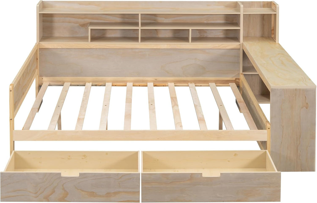SOFTSEA Full Size Daybed with Storage Bookcase & Drawers, Wood Daybed with Study Desk and Storage Shelves for Kids Teens Adults, Full Corner Bed Frame with Storage Headboard, Antique Natural