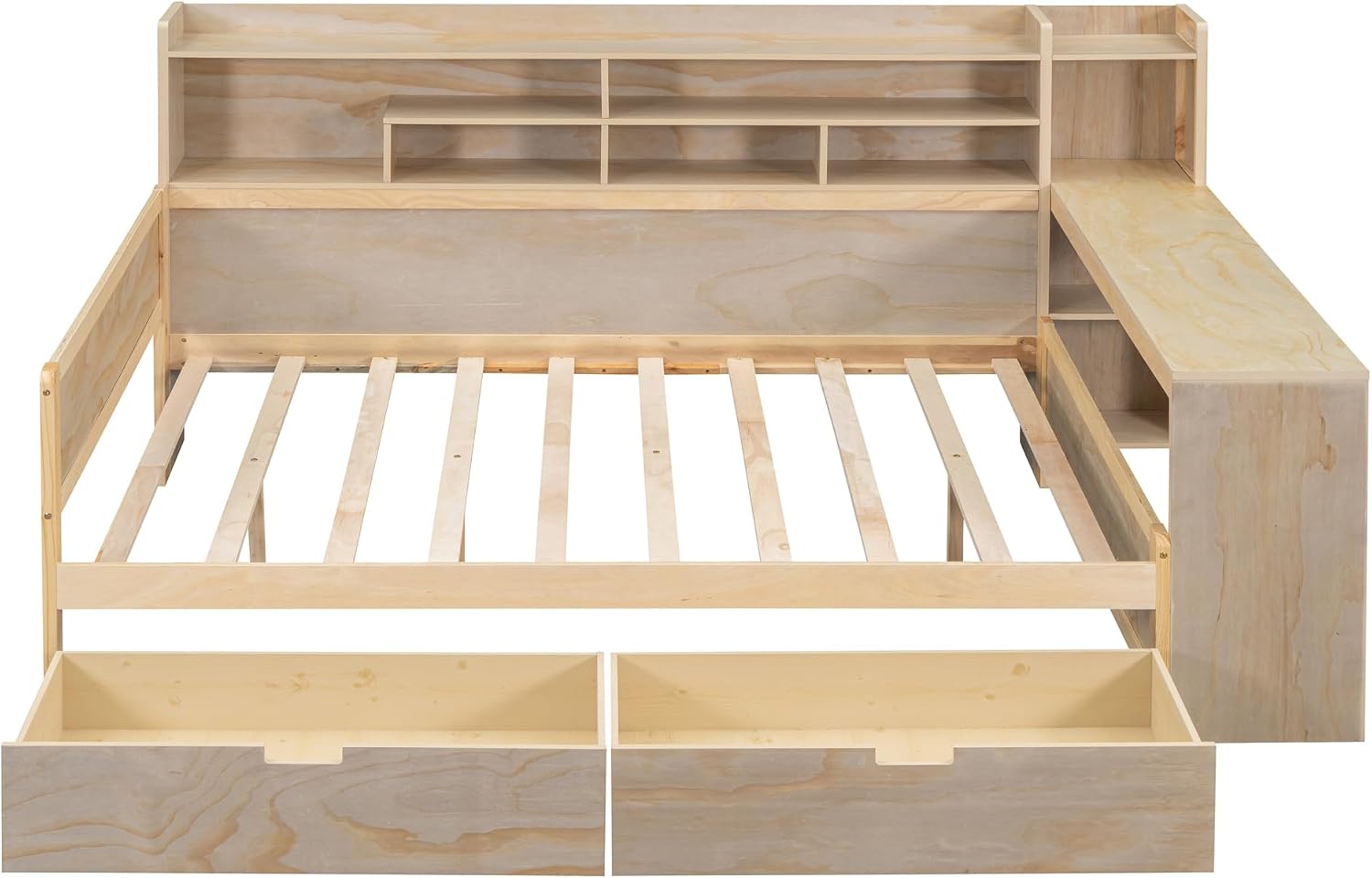 SOFTSEA Full Size Daybed with Storage Bookcase & Drawers, Wood Daybed with Study Desk and Storage Shelves for Kids Teens Adults, Full Corner Bed Frame with Storage Headboard, Antique Natural