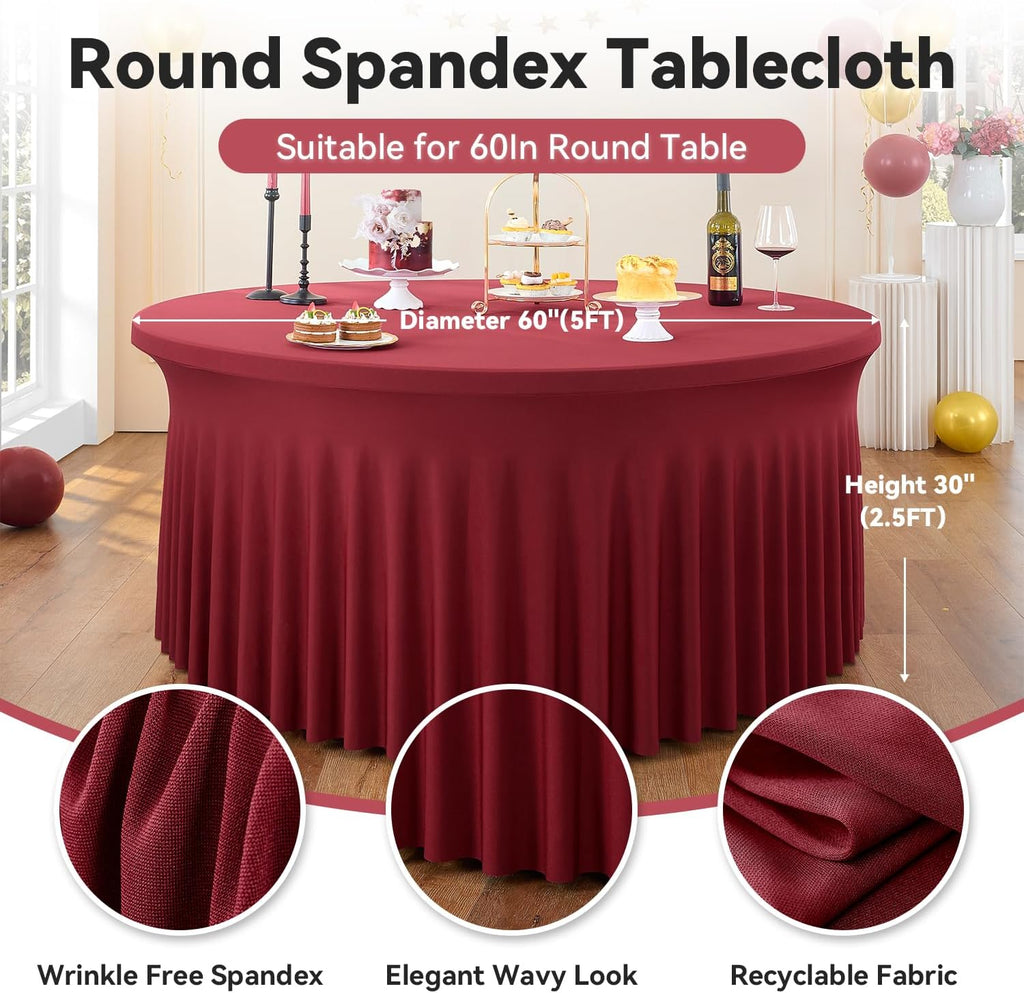 leegleri 6 Pack Burgundy 60inch Spandex Round Tablecloths, Stretchy 120inch Fitted 5FT Round Table Cloths, Wrinkle Free Table Cover with Skirt for Wedding Party Dining Banquet