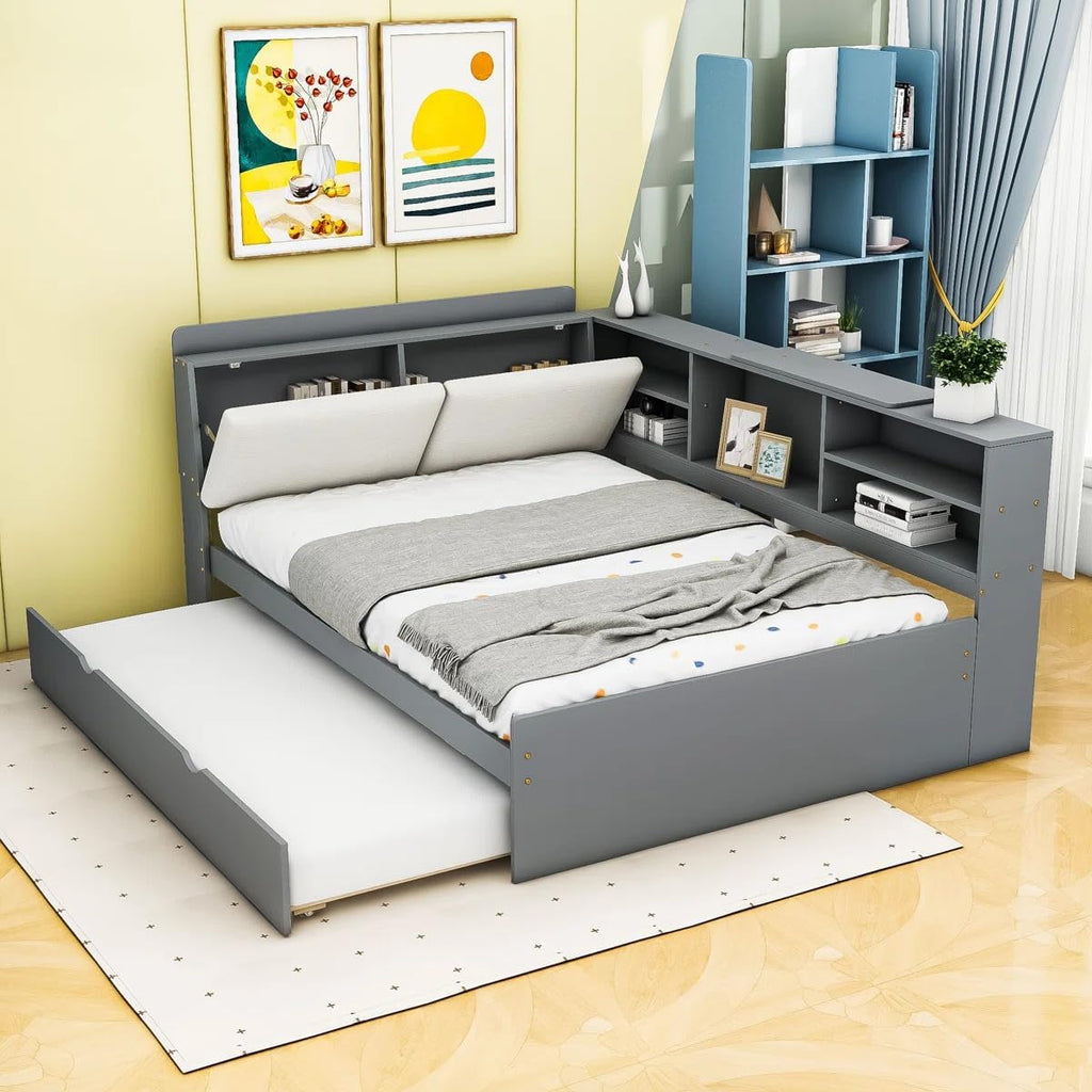 Full Size Bed with Storage Headboard, Full Daybed with Trundle and L-Shaped Shelves, Solid Wood Corner Platform Bed Frame with Storage for Apartment Bedroom, Grey