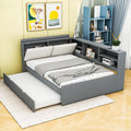 Full Size Bed with Storage Headboard, Full Daybed with Trundle and L-Shaped Shelves, Solid Wood Corner Platform Bed Frame with Storage for Apartment Bedroom, Grey