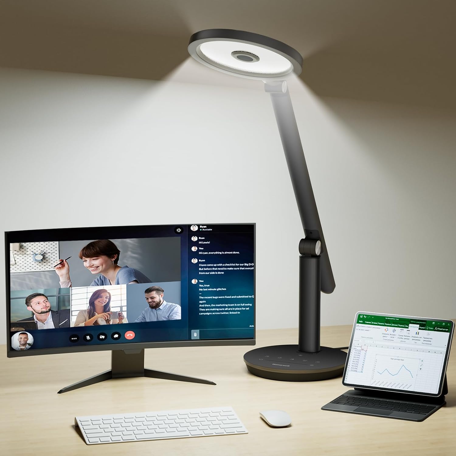 Honeywell Desk Lamp for Home Office, H6 Sunturalux™ Eye-Caring Led Desk Light, 800LM Dimmable Desk Lamp with Timer, Touch Control Tall Desk Reading Light, Table Lamp for Circle Webcam, Study, Bedroom