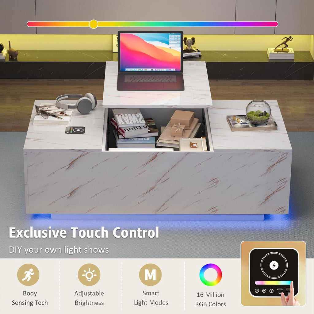 LED Coffee Table, 47.2' Lift Top Coffee Tables with Drawers and Large Storage, Smart Living Room Table with Wireless Charging & Bluetooth Speaker, Dining Center Tables with Storage Shelf, White