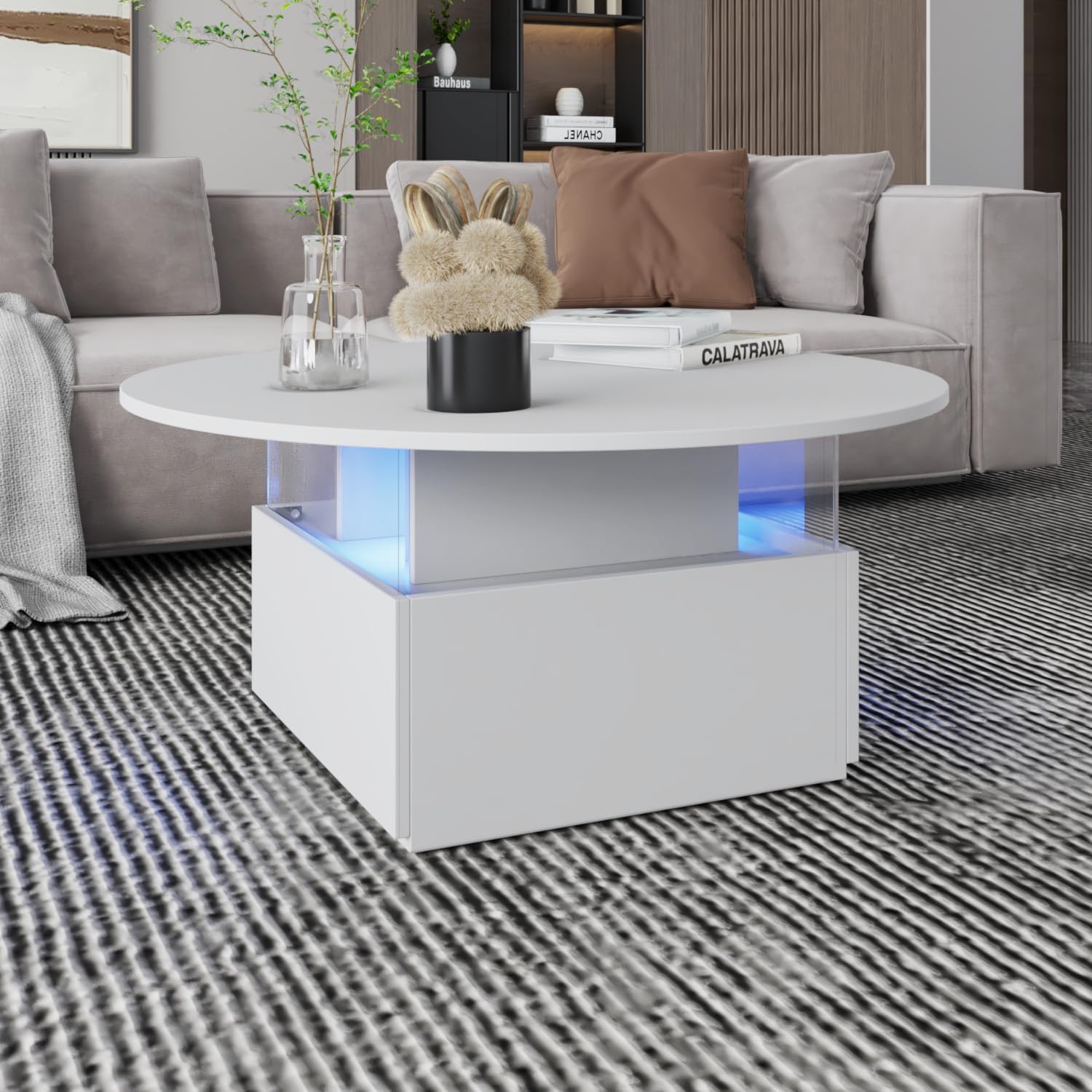 HedoAjim 31.5' Round Coffee Table for Living Room, LED Modern Living Room Table with Storage, Square Acrylic Coffee Tables with 2 Sliding Drawers, Wood Center Table for Reception Dinning Room, White