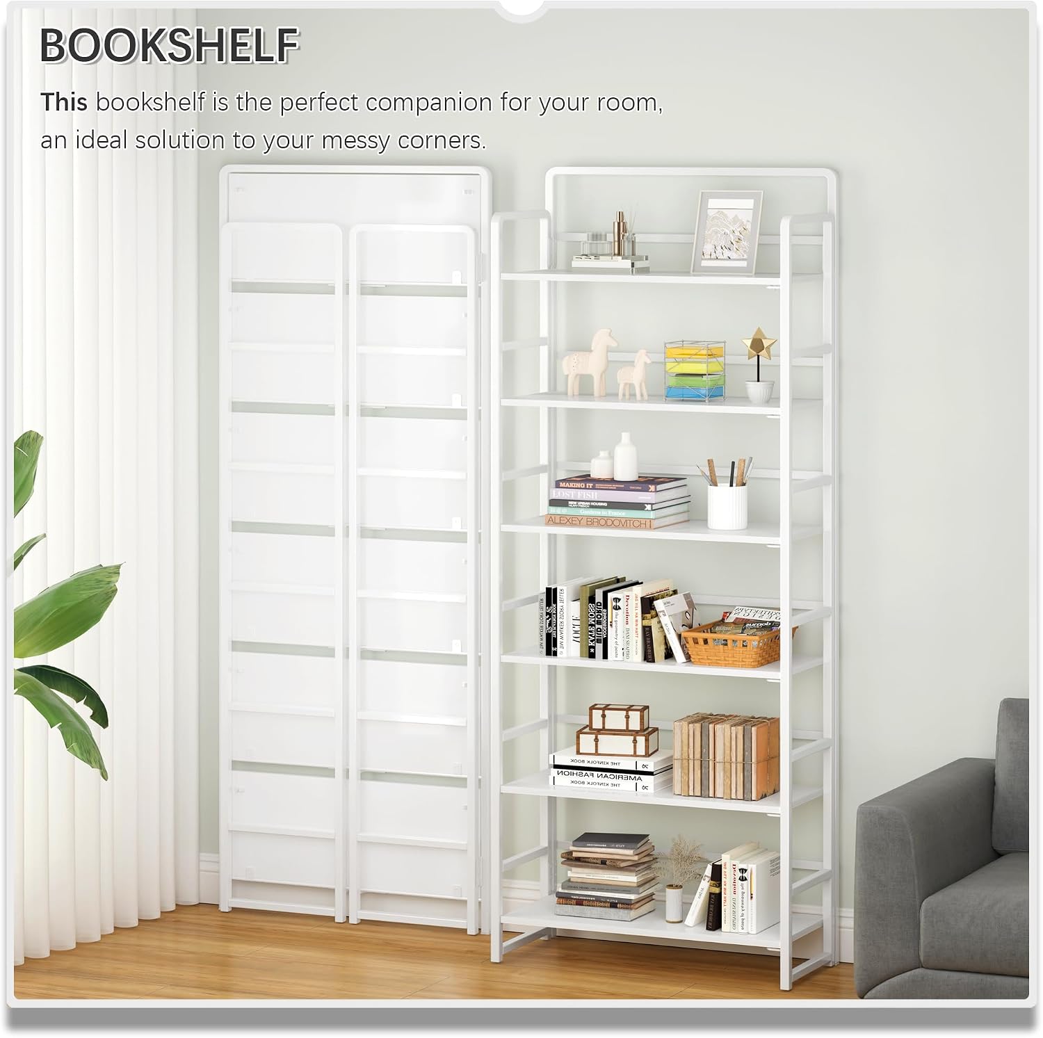 4NM No Assembly 6 Tiers Folding Bookshelf Storage Shelves Vintage Bookcase Standing Racks Study Organizer Home Office (All White)