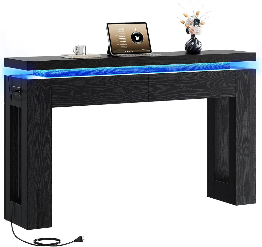 LIKIMIO Console Table with Drawers, Modern Entryway Table with LED Lights and Charging Station, Narrow Sofa Table with Storage Behind Couch for Entrance, Hallway, Living Room, Black
