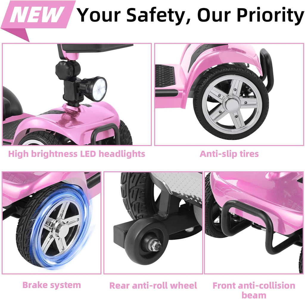 20 Miles 4 Wheels Mobility Scooter for Seniors/Adults Up to 300LBS,350W Electric Wheelchair Detachable Lithium Battery,Dual Baskets,Rotating Seat,with Taillight, USB Charging, Pink