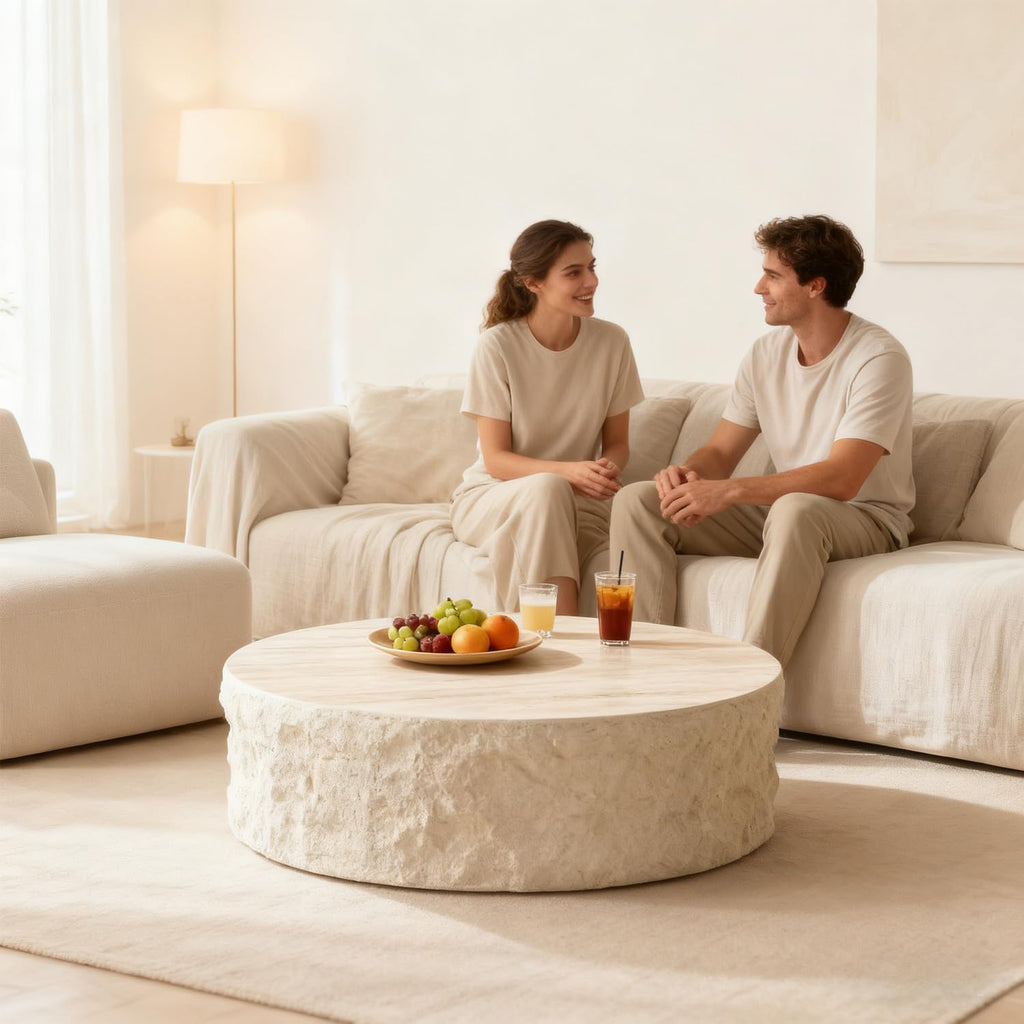 35.43'' Modern Round Coffee Table for Living Room, Faux Marble Stone Coffee Table, Minimalist Circle Center Side Table, Accent End Table for Bedroom Apartment Office, No Need Assembly, Beige