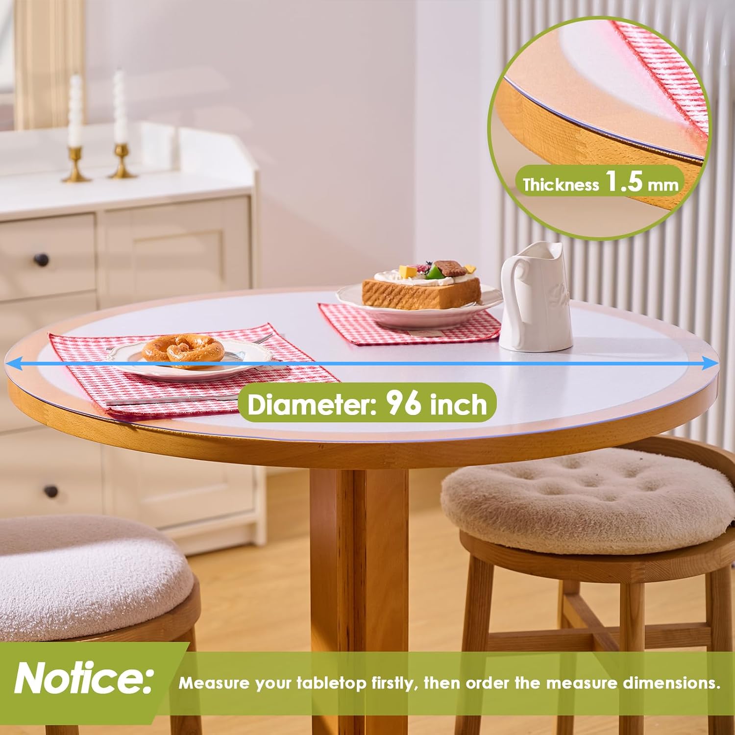 Round Clear Table Protector 96 Inch, 1.5mm Thick Table Pad, Waterproof Tablecloth Dining Table Cover for Kitchen Coffee Table