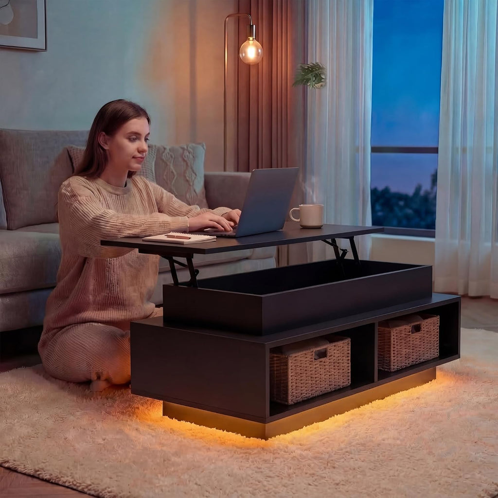 YESHOMY 40' Lift Top Coffee Table with Hidden Storage & Multi-Color LED Lights, Modern Square Wood Table with 4 Open Shelves for Living Room and Small Space, Black