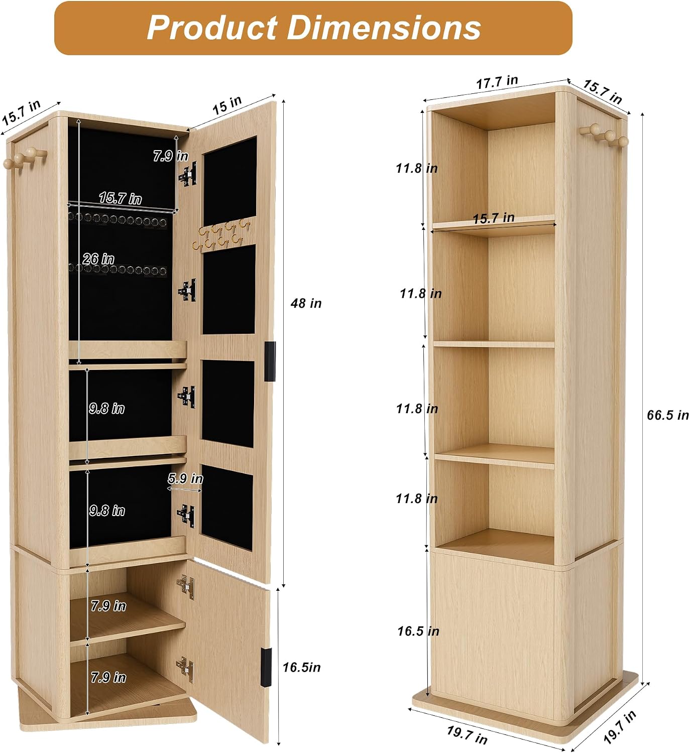 360° Rotating Makeup Storage Cabinet with Full-Length Mirror, Jewelry Armoire Organizer, Freestanding Bookshelf Tower, Coat Hook Stand, Hidden Shelves, Space-Saving Bedroom Furniture (Walnut)