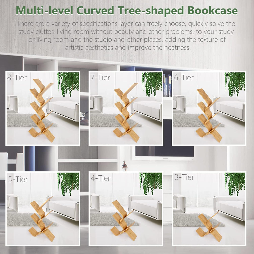 7-Tier Floor Bamboo Tree Bookshelf, Modern Standing Bookcase Office Book Storage Creative Curved Rack Organizer Shelves, Book Shelf Space Saver for Home Living Room Corner Bedroom
