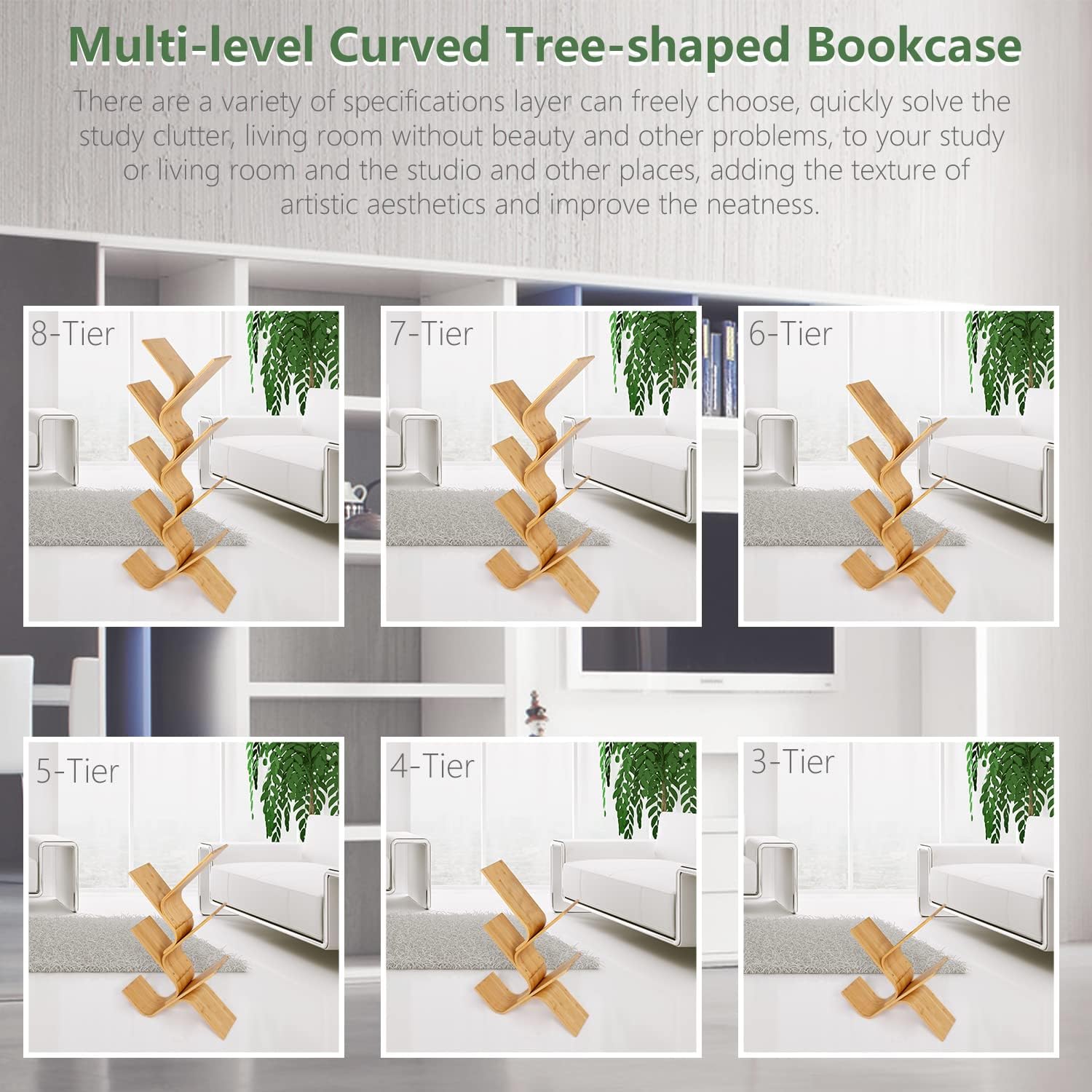 8-Tier Floor Bamboo Tree Bookshelf, Modern Standing Bookcase Office Book Storage Creative Curved Rack Organizer Shelves, Book Shelf Space Saver for Home Living Room Corner Bedroom