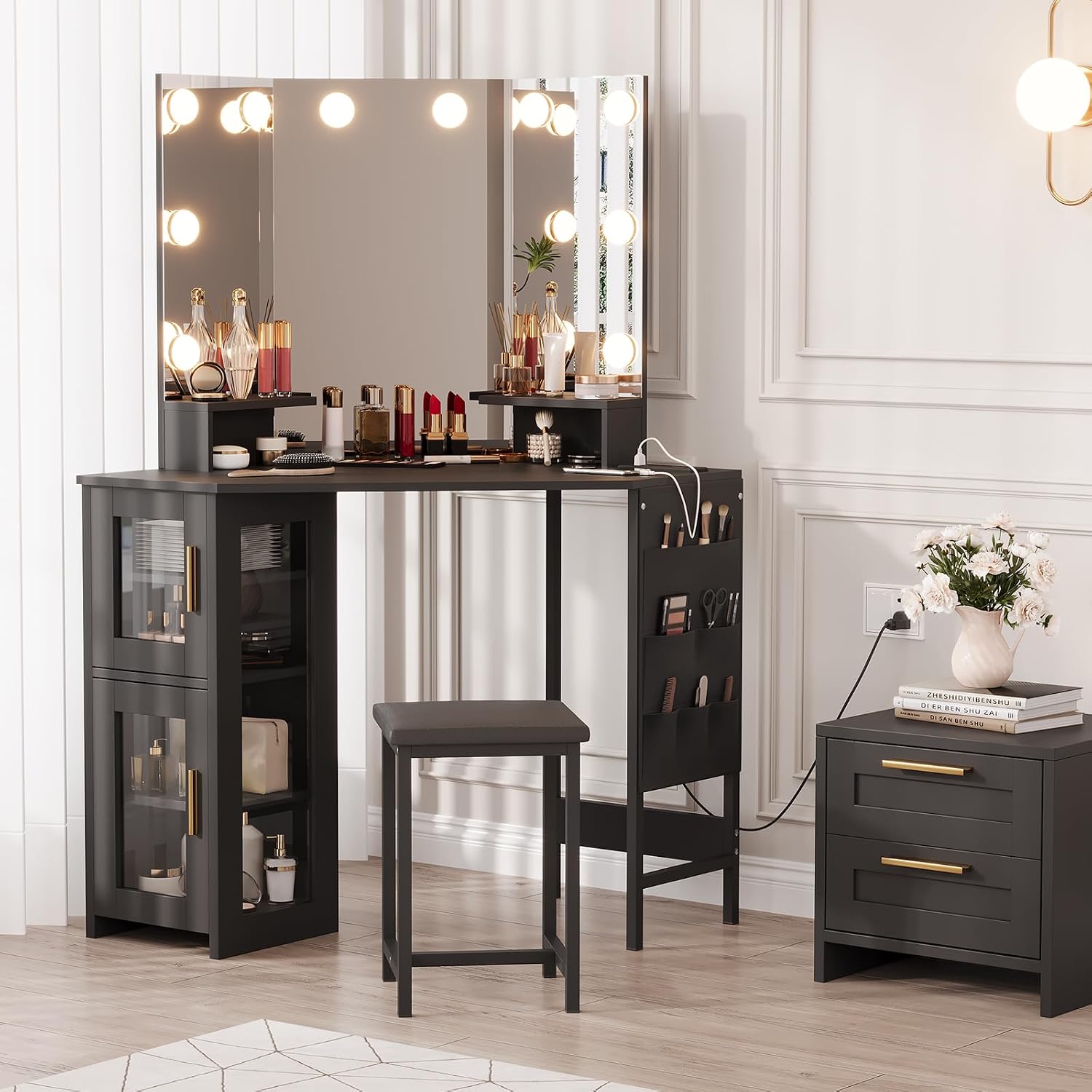 Corner Makeup Vanity Desk with Mirror Lights, Dimmable LED Vanity & USB Charging Station, Storage Cabinet & Stool, Adjustable Shelf, Bedroom Vanity for Women Girls, Grey