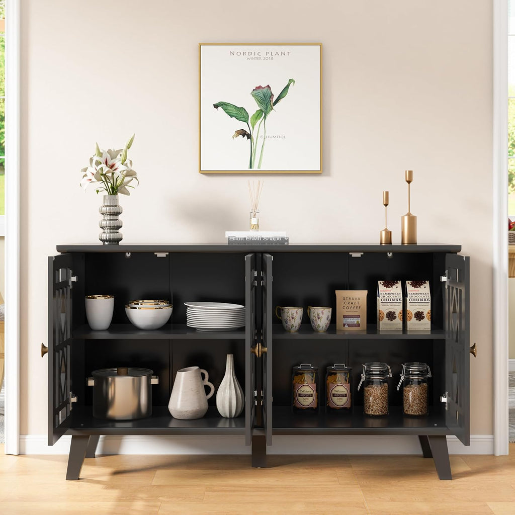 Scurrty 52' Buffet Cabinet with Storage,Sideboard with 4 Doors, Skeletonized Coffee Bar with Storage, Sideboard Cabinet for Dinning Room, Kitchen & Living Room (Black)