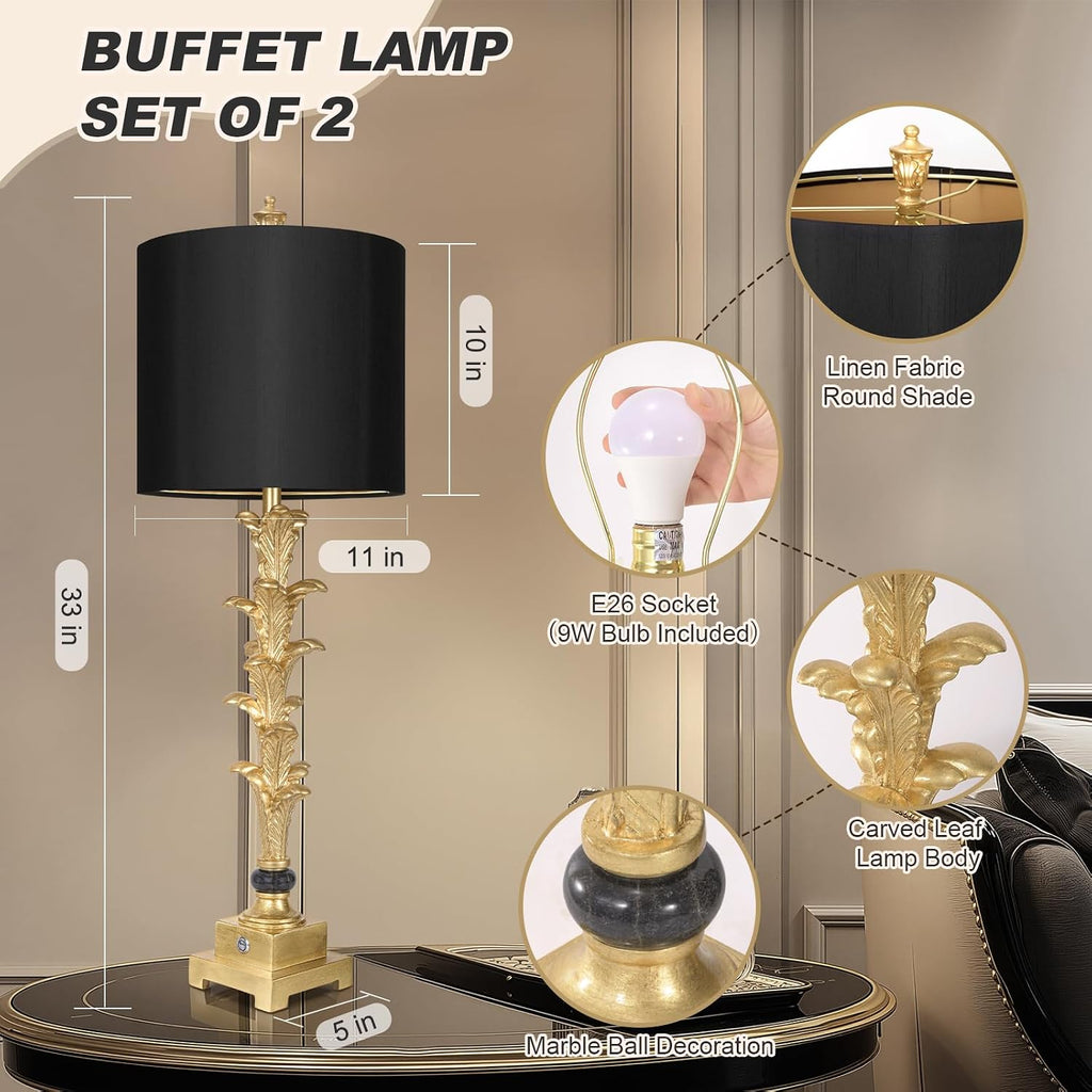 Table Lamps Set of 2 for Living Room, 3-Way Dimmable Touch Buffet Lamps with USB A+C Ports, Gold Leaf Finish Bedside Lamps with Black Linen Shades, Modern Nightstand Lamp for Bedroom Office Entryway