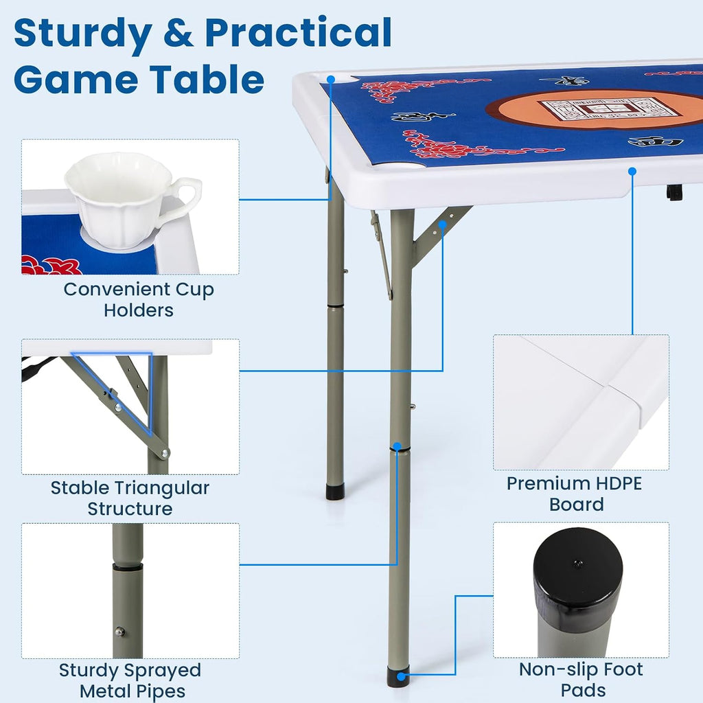 Goplus Mahjong Table, 35' Square Folding Card Table w/4Cup Holders, Anti Slip Mat, HDPE Tabletop, Metal Legs, Portable Mahjong Game Table for Domino Game, Picnic (Table w/Removable Mat, Blue)