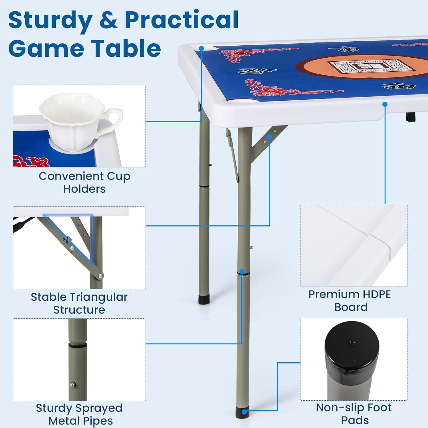 Goplus Mahjong Table, 35' Square Folding Card Table w/4Cup Holders, Anti Slip Mat, HDPE Tabletop, Metal Legs, Portable Mahjong Game Table for Domino Game, Picnic (Table w/Removable Mat, Blue)