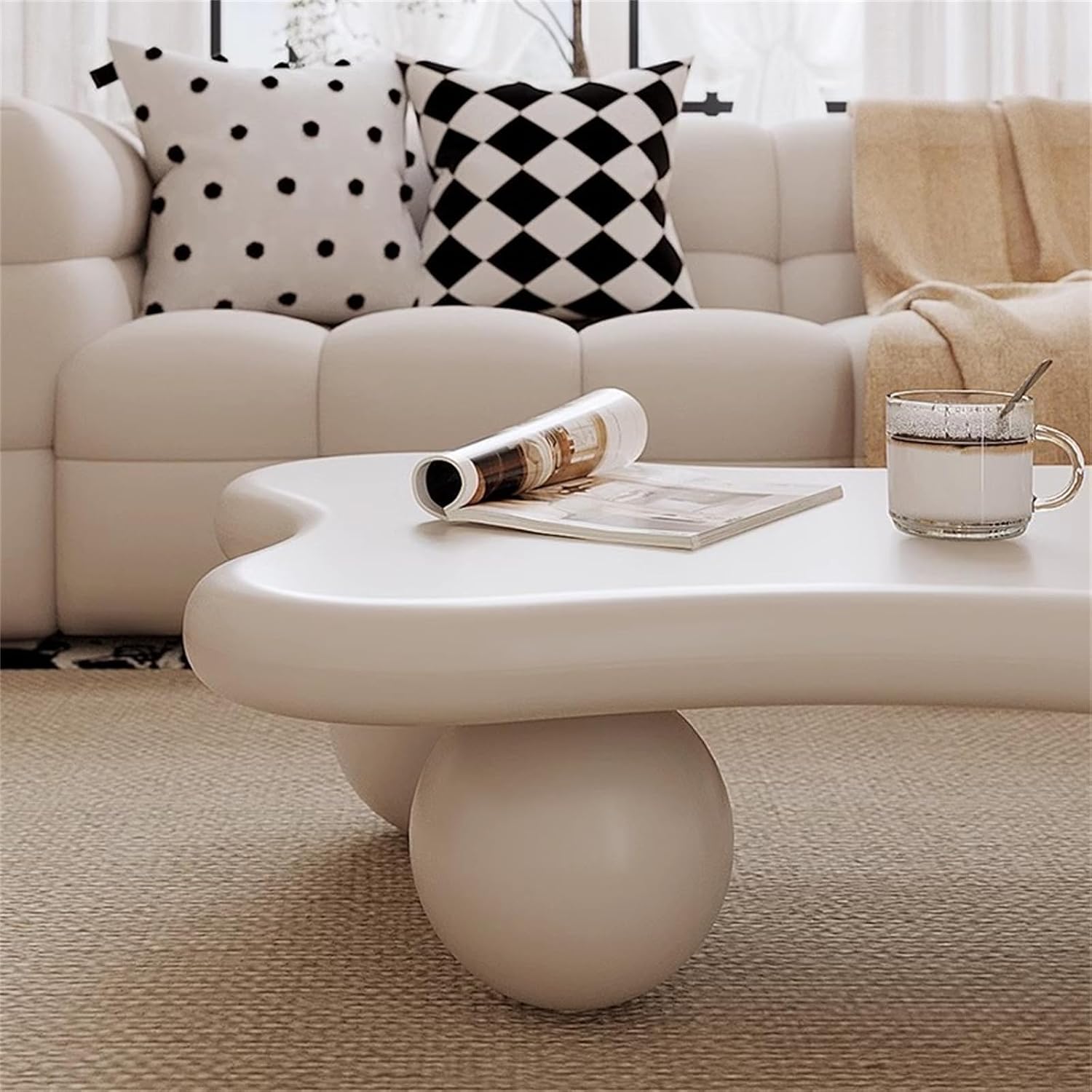 47.2' Cloud Coffee Table, Modern Coffee Table Unique Tea Table, Cute Cloud-Shaped Center Table with 3 Ball Legs for Living Room Home Office, Easy Assembly,White