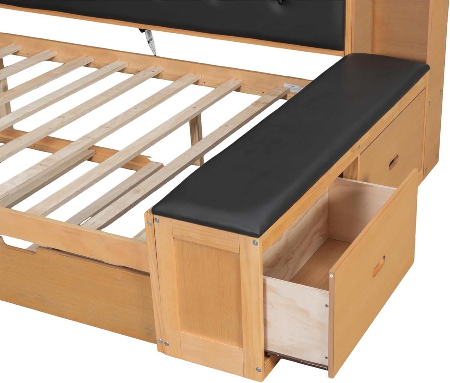 SOFTSEA Full Size Daybed with Trundle & Storage Drawers, Wood L-Shaped Daybed Corner Bed with Upholstered Headboard, Bench, 2 Drawers, Bookcase & USB Ports for Boys Girls Kids Adults, Natural Black