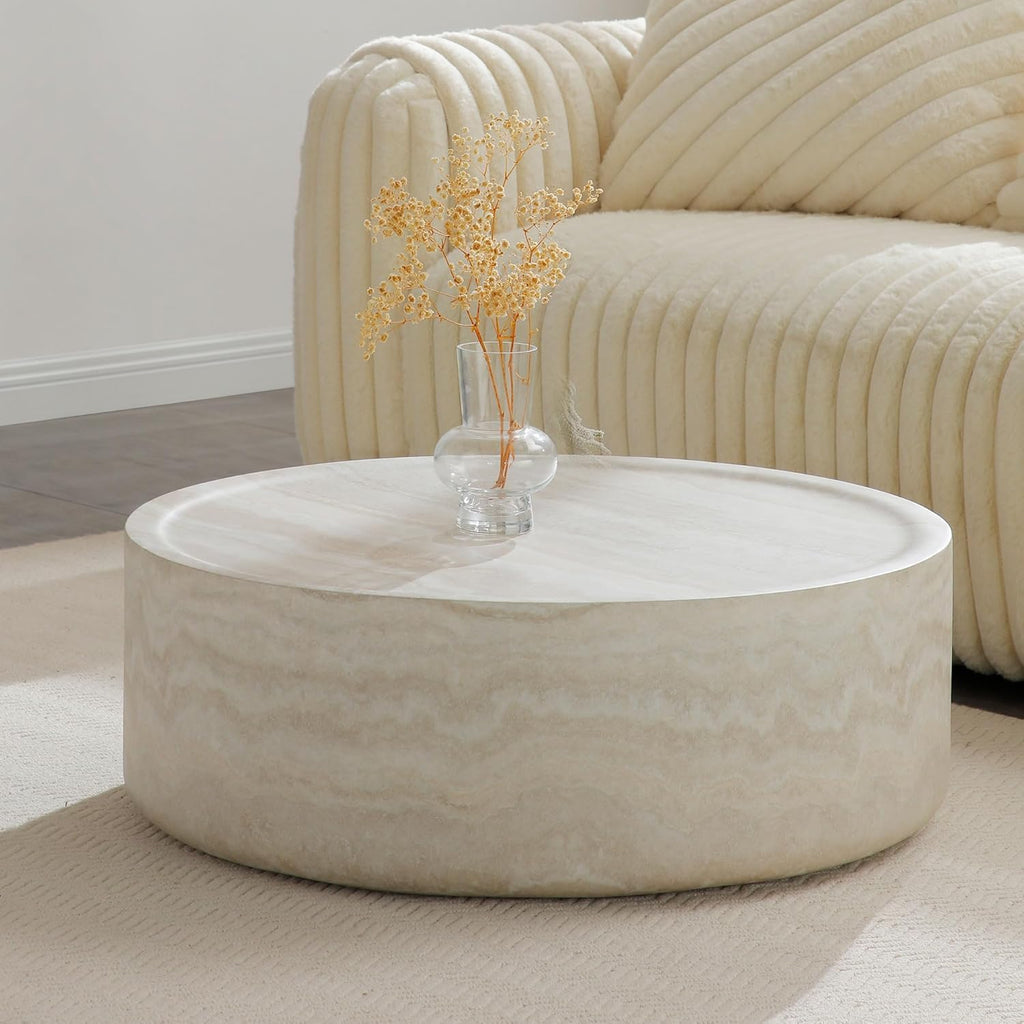 31.49' Faux Marble Coffee Table for Living Room, Travertine Stone Pattern Modern Drum Circle Round Center Table for Living Room, Apartment, Office, Fiberglass, No Assembly, Beige
