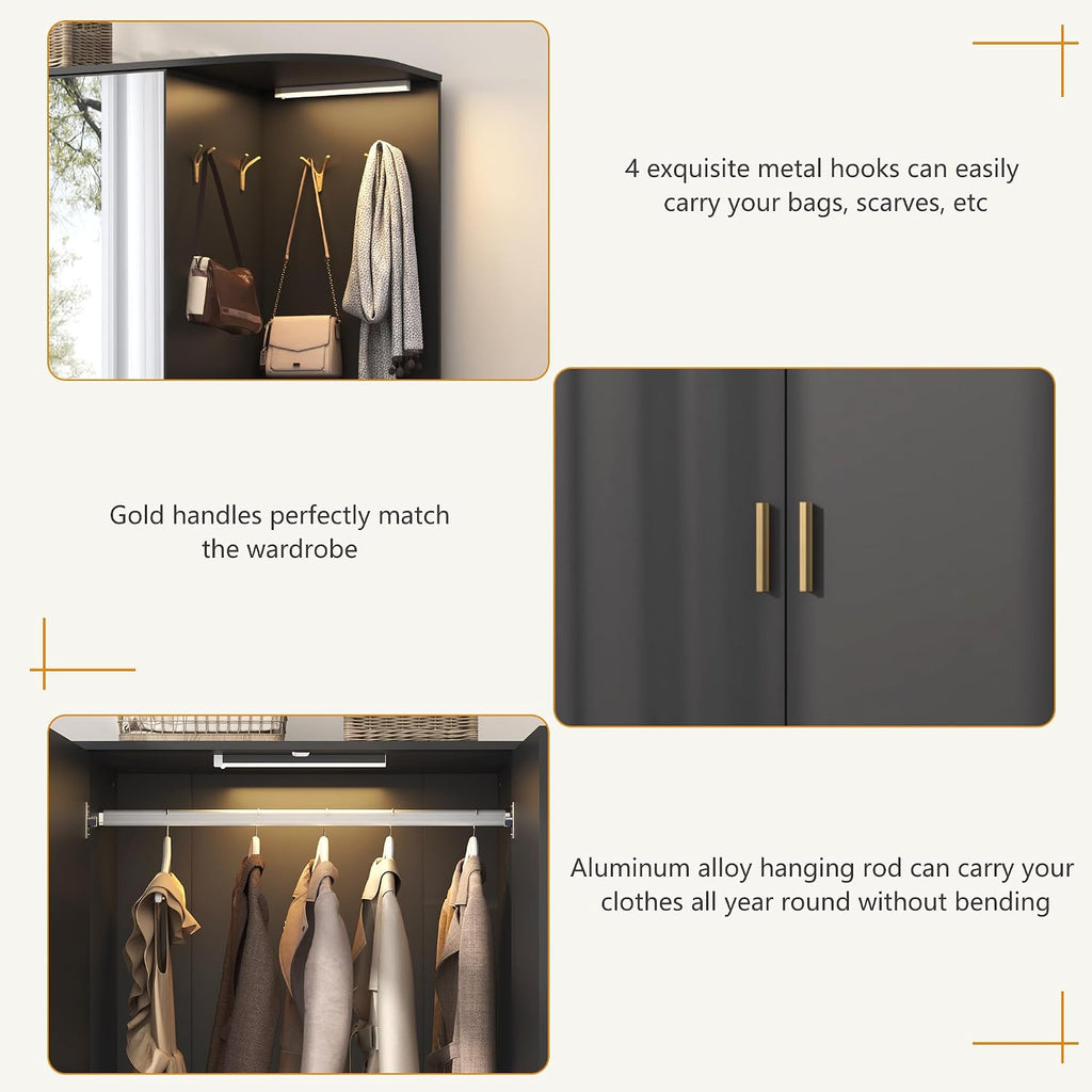 XVD Armoire Wardrobe Closet with Mirror & Sensor Light, Bedroom Armoire with 5 Doors & 2 Drawers, Modern Wooden Large Wardrobe Closet with Shelves, 4 Metal Hooks, 2 Hanging Roods, Open Space, Black