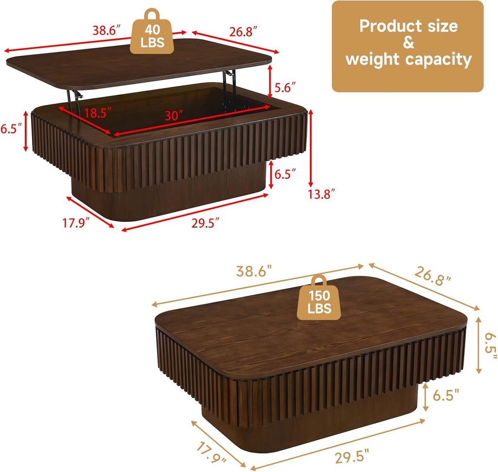 Lift Top Coffee Table for Living Room,Rectangle Handmade Solid Wood Strips, Fluted Coffee Table with Hidden Storage Compartment Small Space Office Apartment (38.6' L×26.8''W×13.8''H-Walnut)