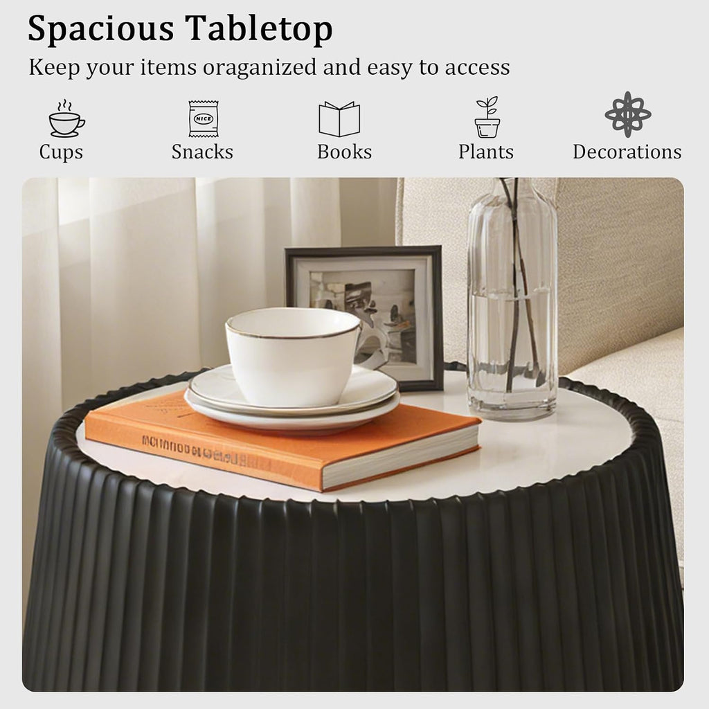 Black Round Coffee Table with Sintered Stone Tabletop, 17.71' Drum Coffee Table with Fluted PU Leather Covered and Stable Base, Circle Cocktail Tea Table for Living Room