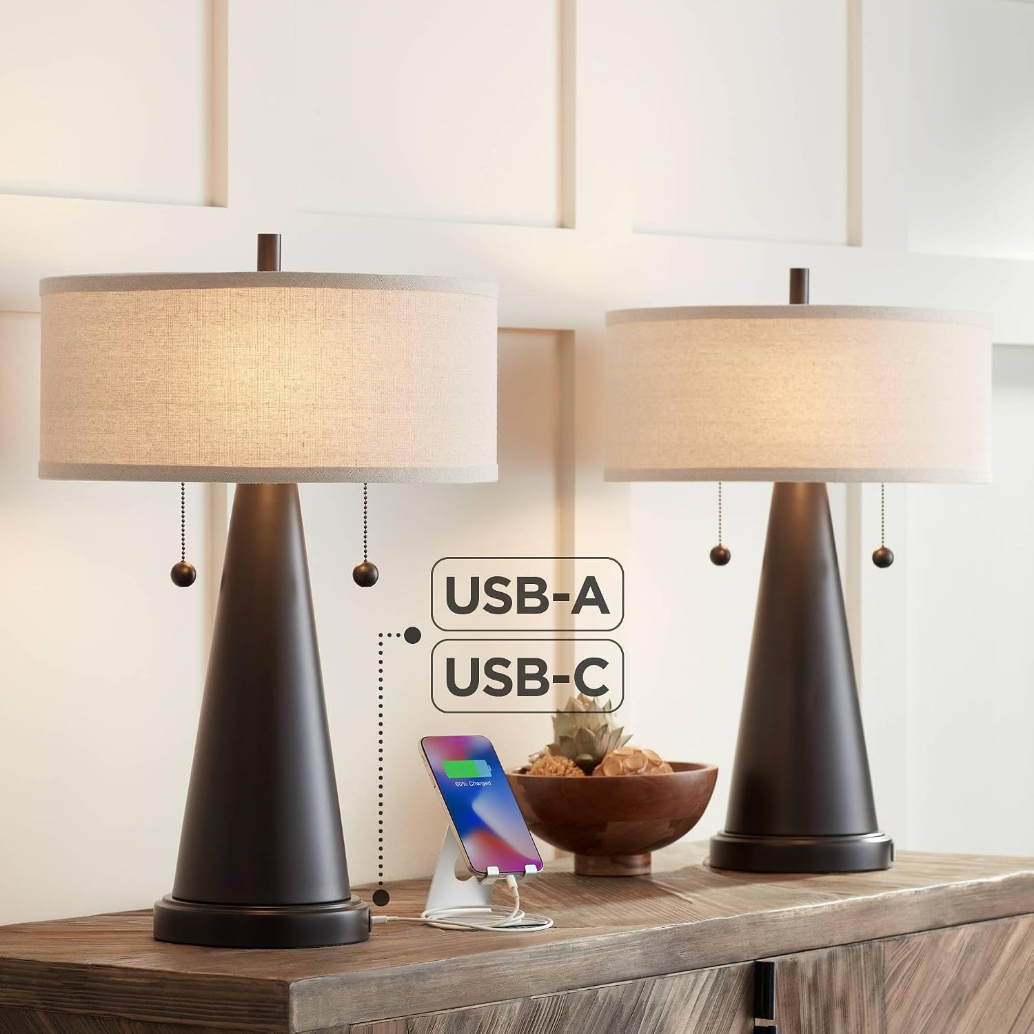 Franklin Iron Works Craig 23' Tall Rustic Farmhouse Accent Set of 2 Table Lamps with USB Ports A+C Charging Bronze Metal Natural Drum Shade for Bedroom Living Room House Desk Bedside Nightstand