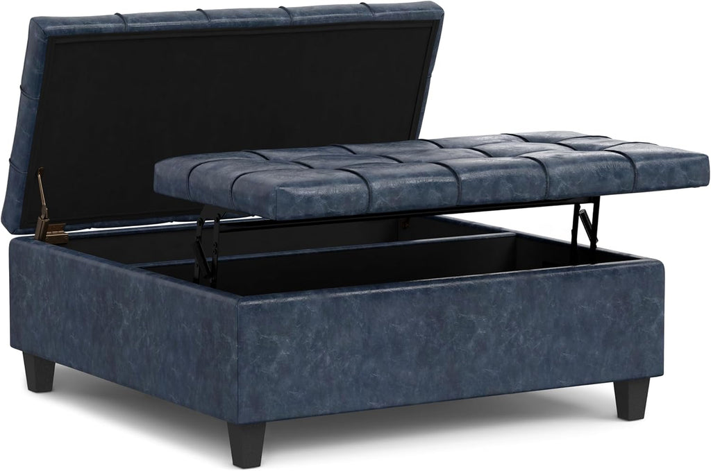 SIMPLIHOME Harrison Large Coffee Table Storage Ottoman - 40 inch Wide Upholstered Vegan Leather Square Lift-Top Ottoman in Denim Blue, Transitional Bench for Living Room with Sturdy Base