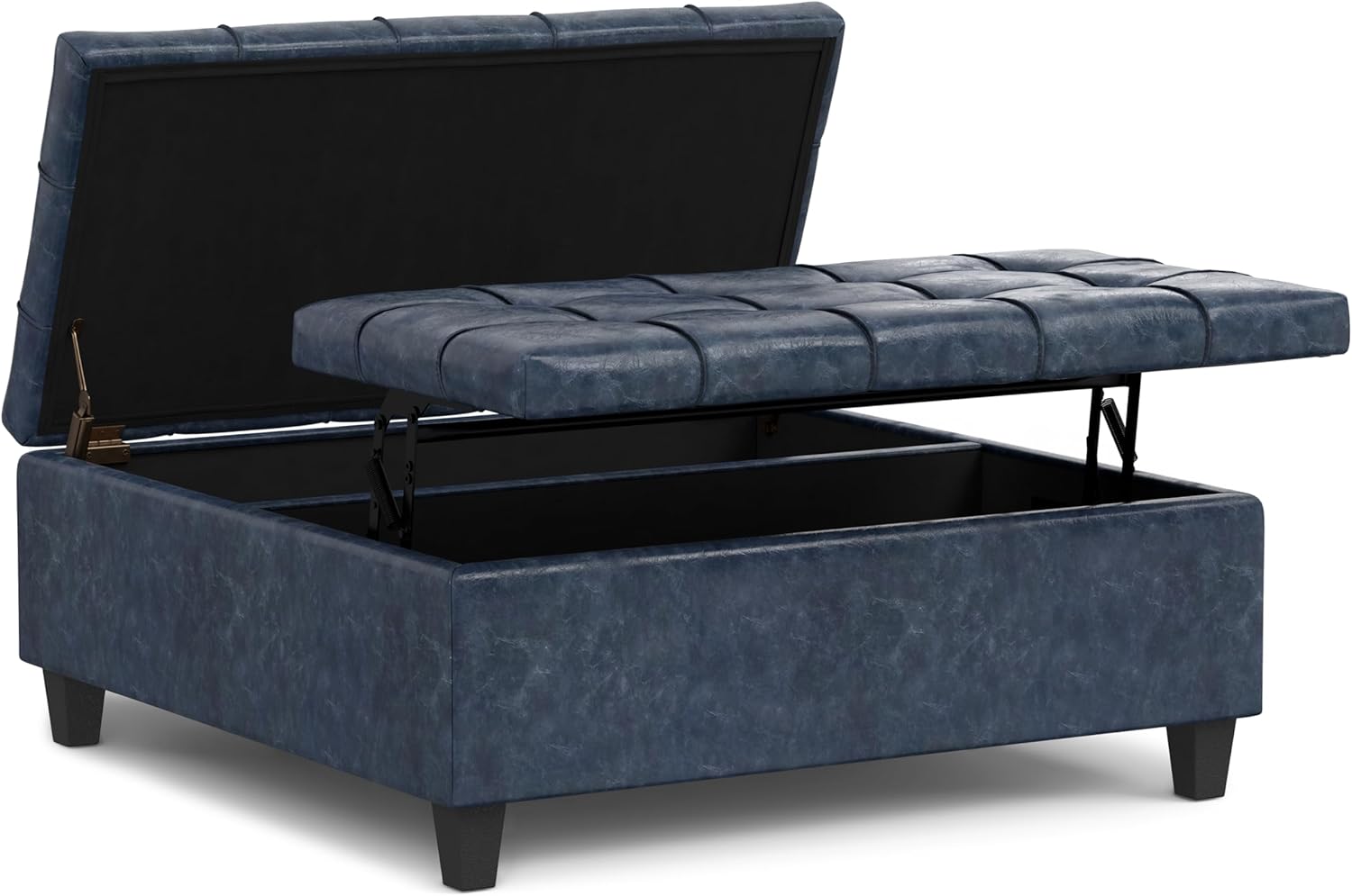 SIMPLIHOME Harrison Large Coffee Table Storage Ottoman - 40 inch Wide Upholstered Vegan Leather Square Lift-Top Ottoman in Denim Blue, Transitional Bench for Living Room with Sturdy Base