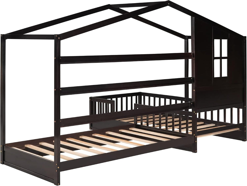 CITYLIGHT Wood L Shaped House Bed Frame, Twin Size Montessori Corner Bed with Roof, Window & Fence, Modern House Shaped Bed for 2 Kids, Espresso