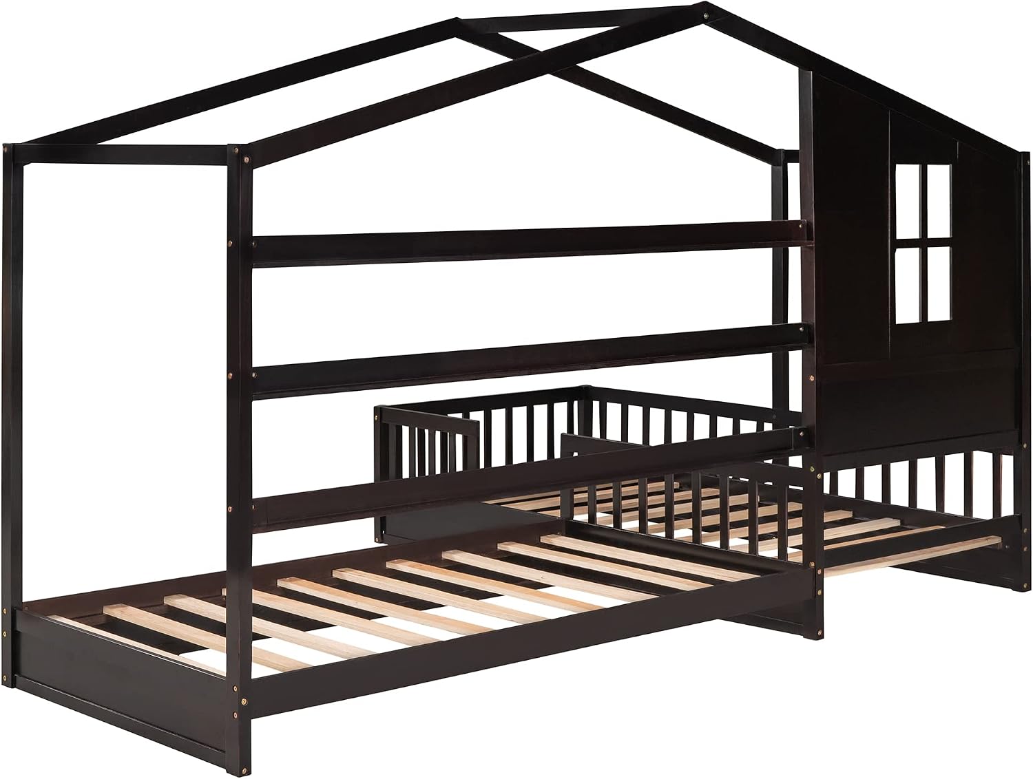 CITYLIGHT Wood L Shaped House Bed Frame, Twin Size Montessori Corner Bed with Roof, Window & Fence, Modern House Shaped Bed for 2 Kids, Espresso
