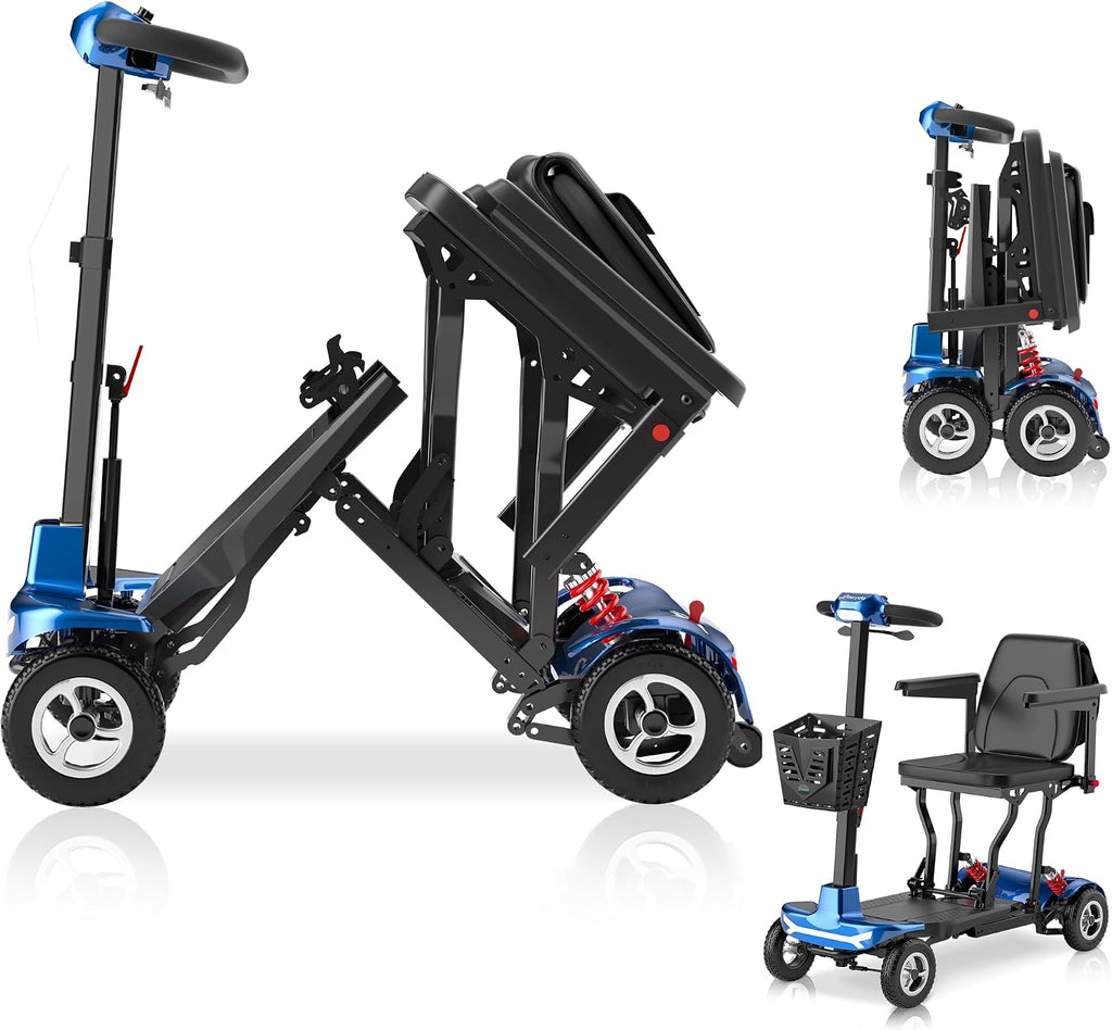 Folding Mobility Scooters for Seniors & Adults - 37.5lbs Lightweight Portable Travel Electric Scooter, Airport & Cruise Approved, All Terrain 4-Wheel Motorized Scooter, 275 lbs Capacity, Blue
