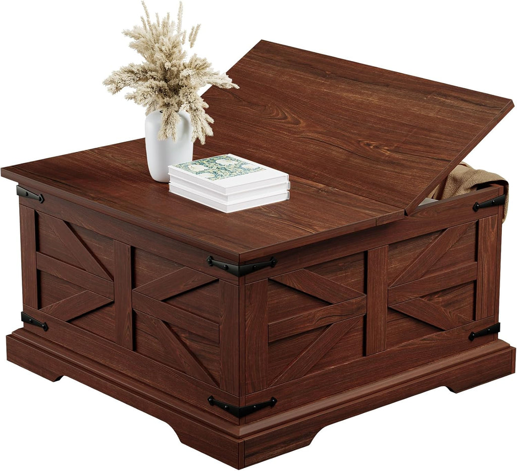 Farmhouse Coffee Table with Large Hidden Storage, Square Wood Living Room Tables, Multi-Function Lift Wooden Barn Door Center Table (Cherry Wood)