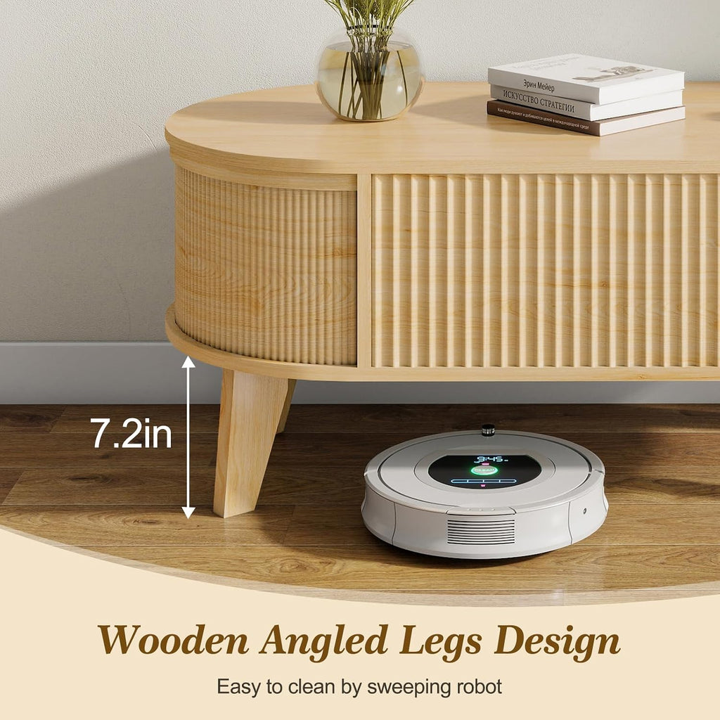 LYNCOHOME Fluted Lift Top Coffee Table with Storage,Modern Oval Coffee Table for Living Room Or Home Office（Natural）