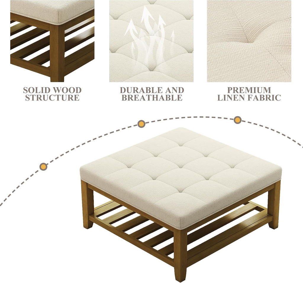 Befurtori Large Square Ottoman Coffee Table, Linen Solid Upholstered Footrest Ottoman with Solid Wood Shelf Storage Tufted Coffee Table for Bedroom Living Room, Ivory