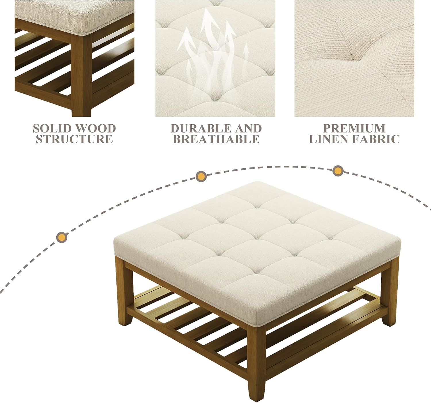 Befurtori Large Square Ottoman Coffee Table, Linen Solid Upholstered Footrest Ottoman with Solid Wood Shelf Storage Tufted Coffee Table for Bedroom Living Room, Ivory
