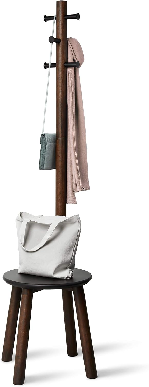 Umbra Pillar Coat Rack, Stool, Clothing Organizer, Umbrella Holder and Hat Organizer, Great for Entryway, Black/Walnut