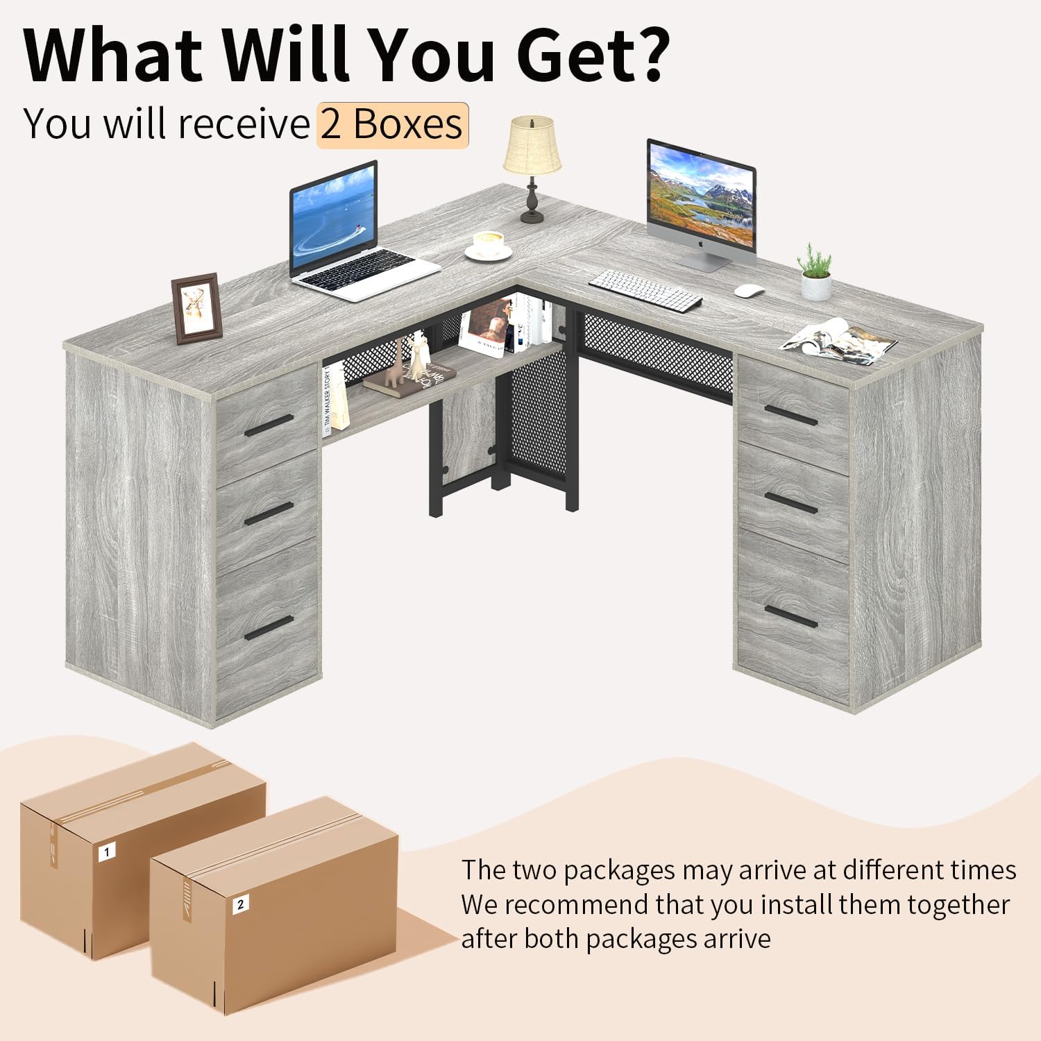 HSH Large L Shaped Desk with Storage File Cabinet，Corner L-Shaped Computer Desk with Drawers Shelves, Home Office Bedroom Metal Wood Study Writing Table Executive Workstation, Light Grey Oak, 59 Inch