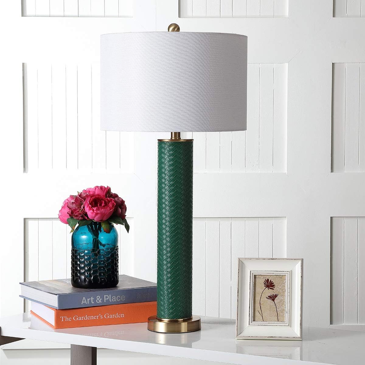 SAFAVIEH Lighting Collection – Set of 2 Ollie Modern Contemporary Dark Green Faux Woven Leather 32-Inch Table Lamps, LED Bulbs Included, Bedroom Living Room Home Office (LIT4404K-SET2)