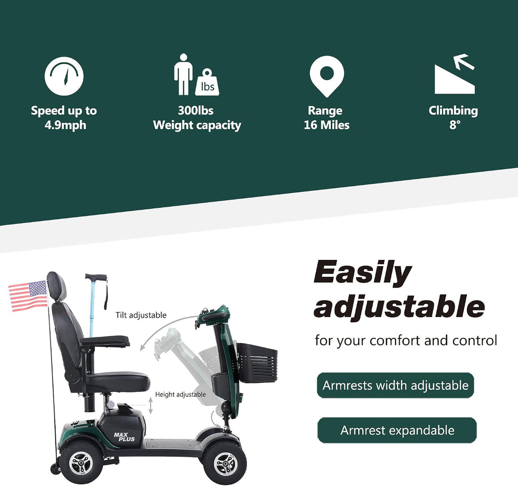 Metro Mobility - New 4 Wheel Outdoor Scooter - Adult Scooter 300lbs Foldable - Battery - 12V20AH*2pcs, Max Range 16 Miles (Green)