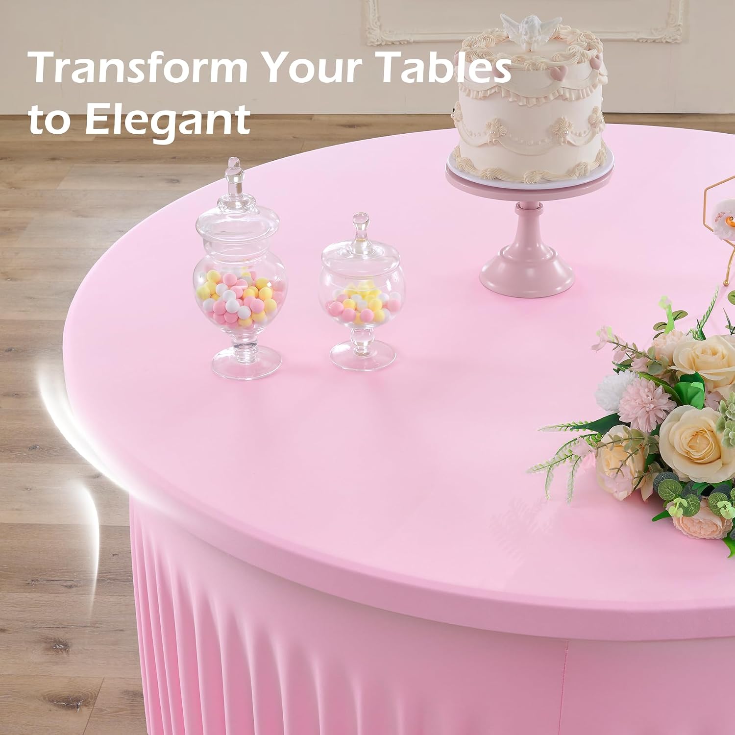 NSSONBEN 6 pk Baby Pink Round Spandex Tablecloths 60 in with Ruffled Skirt,Wrinkle Free High-Stretch 120 inch Pink Table Cloth Fitted 6ft Round Tables,Spandex Table Covers 6ft for Girl Party Banquet