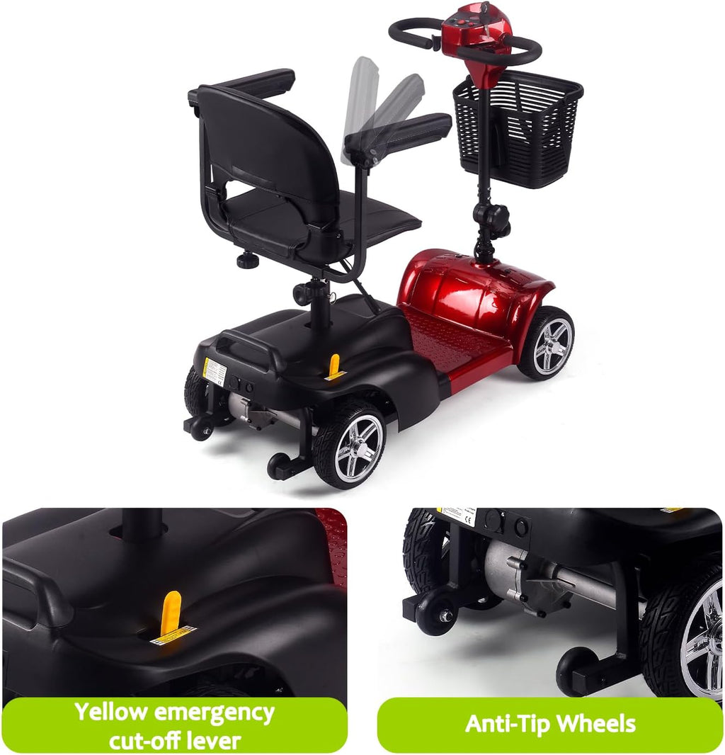SAYYEAH 4 Wheels Mobility Scooter for Adults&Seniors, Max Speed:6mph, Mobility Scooter for Travel, with LED Headlights and Basket, Charger Included, (Purple/red/Blue/Silver) (RED)