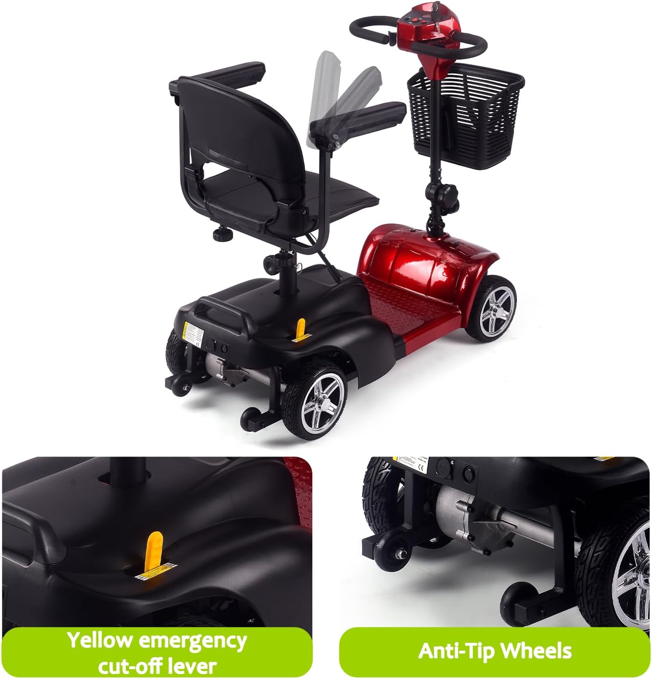 SAYYEAH 4 Wheels Mobility Scooter for Adults&Seniors, Max Speed:6mph, Mobility Scooter for Travel, with LED Headlights and Basket, Charger Included, (Purple/red/Blue/Silver) (RED)