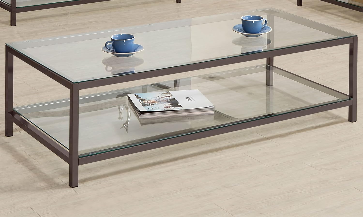 Coaster Home Furnishings - Trini - Rectangular Coffee Table with Metal Frame, Clear Glass Surface and Lower Shelf - Living Room - 57-Inch - Black Nickel - 720228